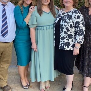 Mikarose Midi Dress Sage Green Dress Embellished with Teal Trim and Tassels